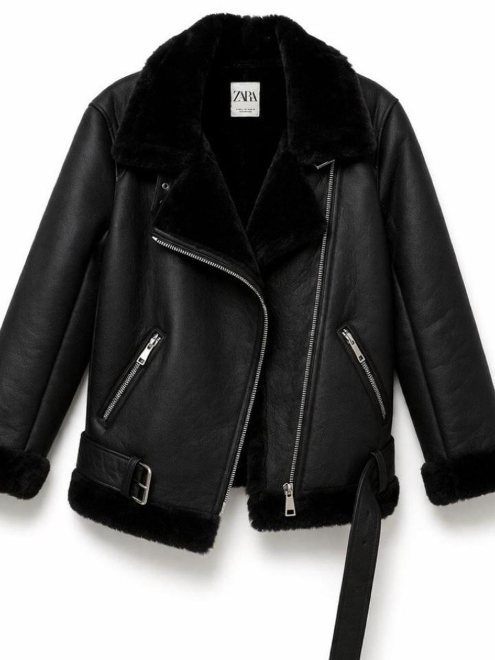 Zara Black Faux Shearling Biker Jacket with Belt